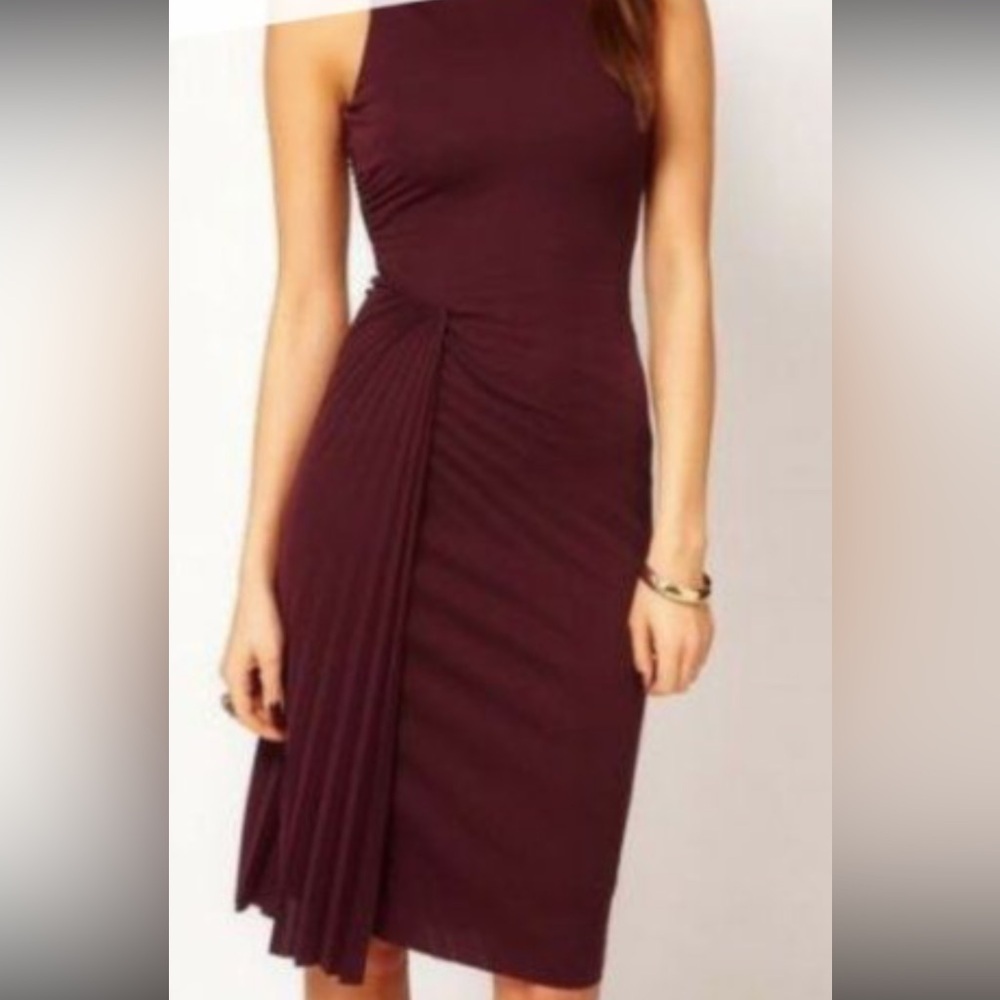 Halston Heritage Burgundy Draped Pleated Sleeveless Midi Dress Wine Red